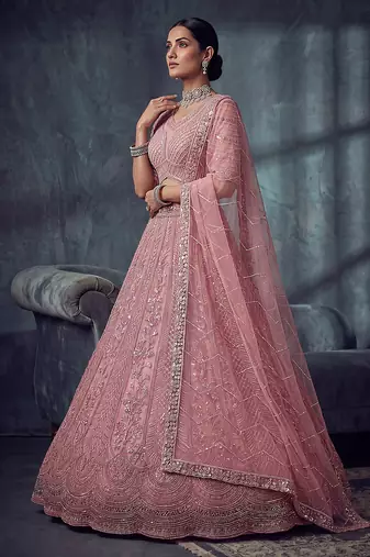 Dusty Rose Designer Embroidery With Hand Work Net Semi Stitched Lehenga Set