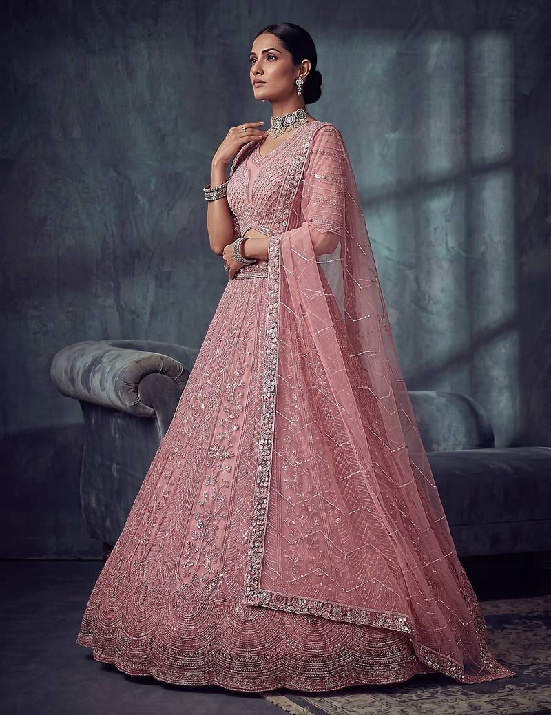 Dusty Rose Designer Embroidery With Hand Work Net Semi Stitched Lehenga Set