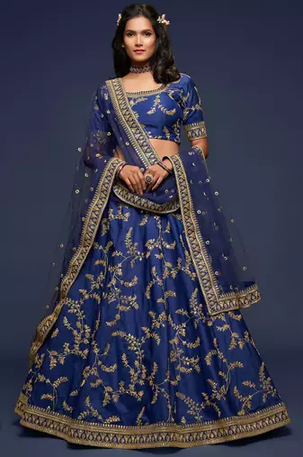 Blue Thread Embroidered & Sequins Silk Blend Semi Stitched Lehenga Set