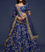 Blue Thread Embroidered & Sequins Silk Blend Semi Stitched Lehenga Set