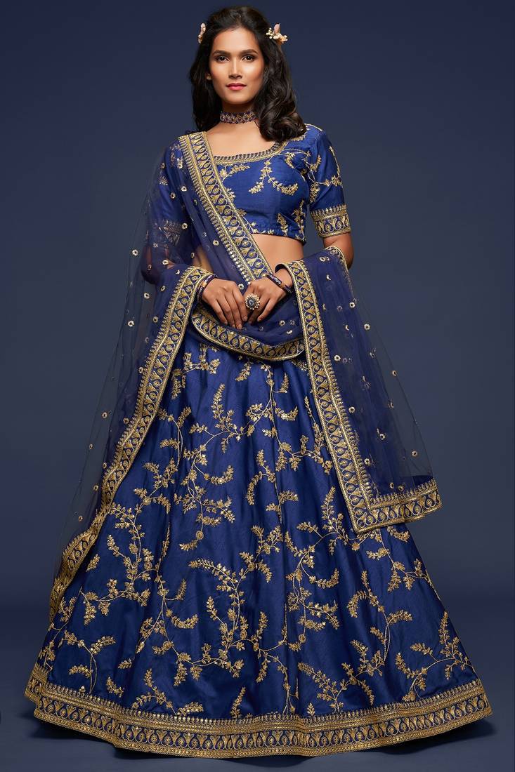 Blue Thread Embroidered & Sequins Silk Blend Semi Stitched Lehenga Set