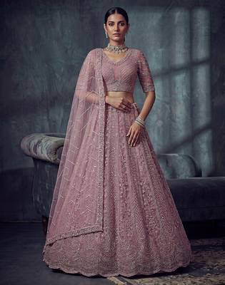 Lavender Designer Embroidery With Hand Work Net Semi Stitched Lehenga Set 2