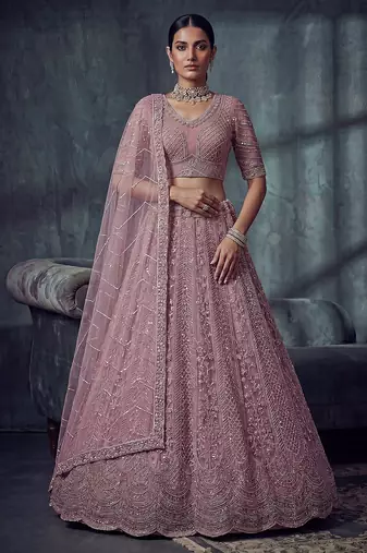 Lavender Designer Embroidery With Hand Work Net Semi Stitched Lehenga Set