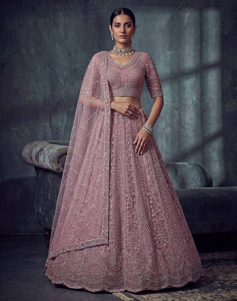 Lavender Designer Embroidery With Hand Work Net Semi Stitched Lehenga Set