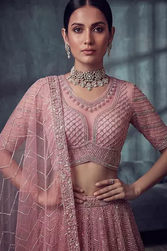 Dusty Rose Designer Embroidery With Hand Work Net Semi Stitched Lehenga Set