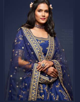 Blue Thread Embroidered & Sequins Silk Blend Semi Stitched Lehenga Set 2