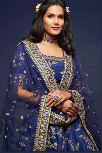 Blue Thread Embroidered & Sequins Silk Blend Semi Stitched Lehenga Set