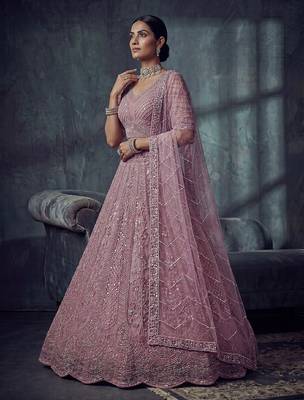 Lavender Designer Embroidery With Hand Work Net Semi Stitched Lehenga Set 3