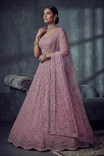 Lavender Designer Embroidery With Hand Work Net Semi Stitched Lehenga Set