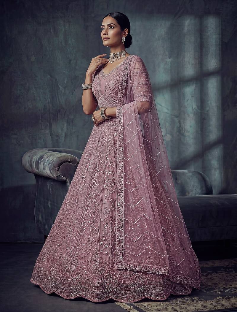Lavender Designer Embroidery With Hand Work Net Semi Stitched Lehenga Set