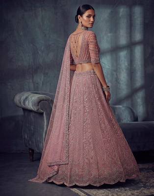Dusty Rose Designer Embroidery With Hand Work Net Semi Stitched Lehenga Set 5