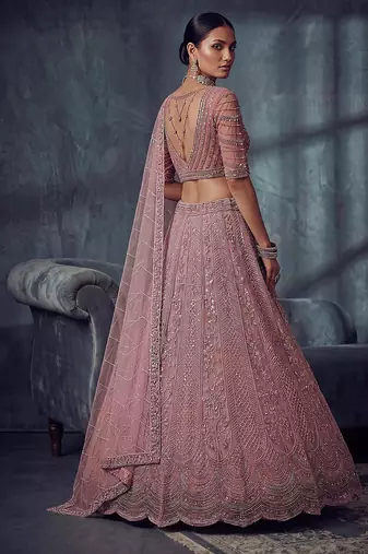 Dusty Rose Designer Embroidery With Hand Work Net Semi Stitched Lehenga Set