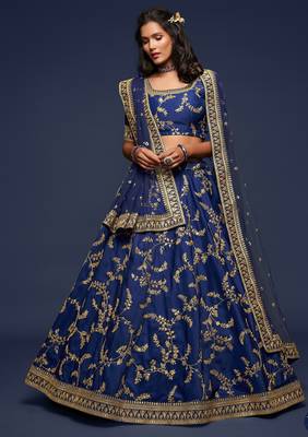 Blue Thread Embroidered & Sequins Silk Blend Semi Stitched Lehenga Set 3