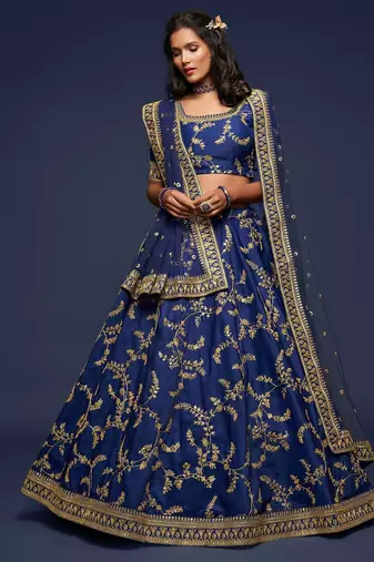 Blue Thread Embroidered & Sequins Silk Blend Semi Stitched Lehenga Set