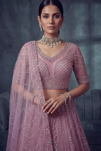Lavender Designer Embroidery With Hand Work Net Semi Stitched Lehenga Set