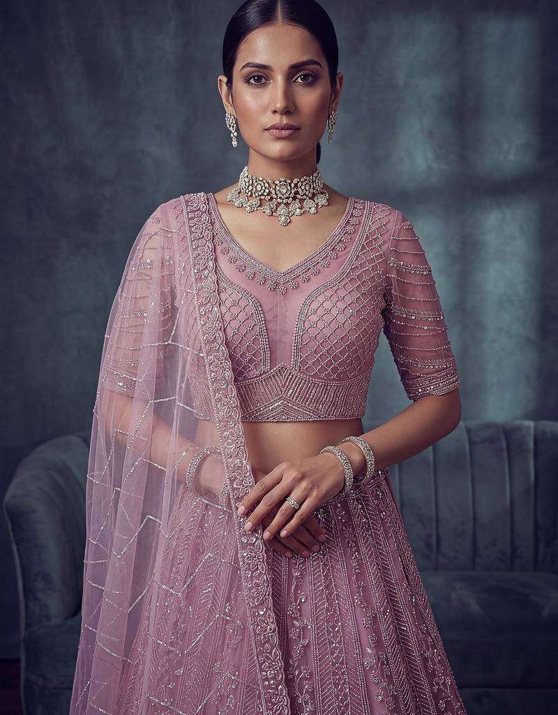 Lavender Designer Embroidery With Hand Work Net Semi Stitched Lehenga Set