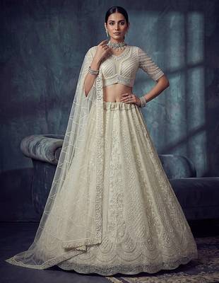 Ivory Designer Embroidery With Hand Work Net Semi Stitched Lehenga Set 1