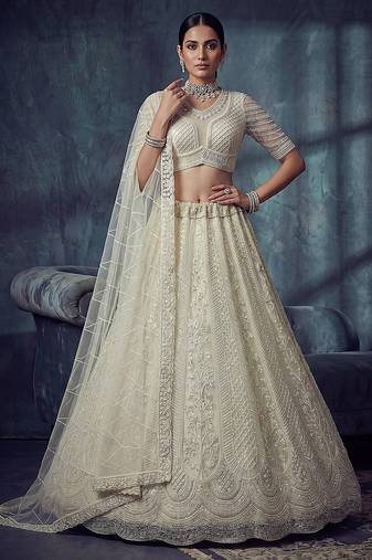 Ivory Designer Embroidery With Hand Work Net Semi Stitched Lehenga Set