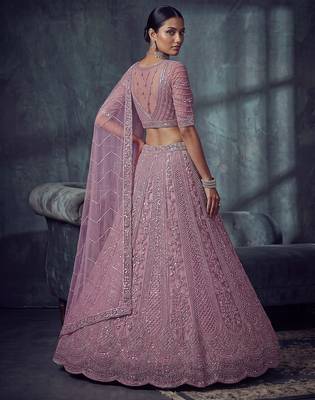 Lavender Designer Embroidery With Hand Work Net Semi Stitched Lehenga Set 5