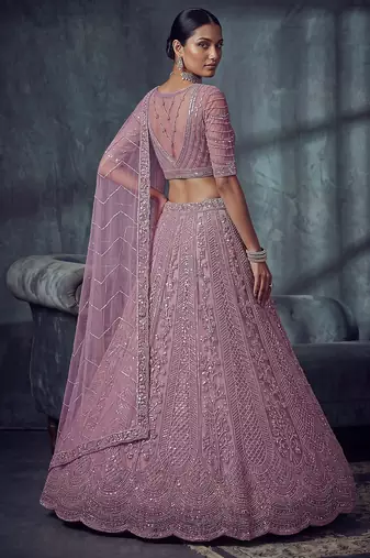 Lavender Designer Embroidery With Hand Work Net Semi Stitched Lehenga Set