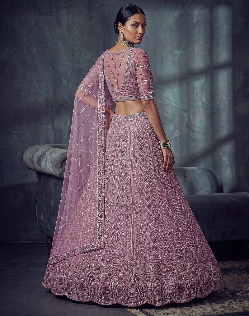 Lavender Designer Embroidery With Hand Work Net Semi Stitched Lehenga Set