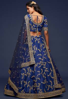 Blue Thread Embroidered & Sequins Silk Blend Semi Stitched Lehenga Set 4