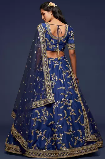 Blue Thread Embroidered & Sequins Silk Blend Semi Stitched Lehenga Set