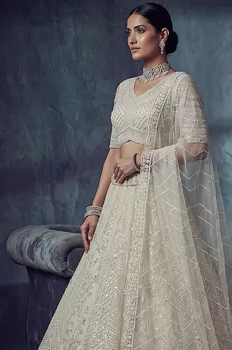 Ivory Designer Embroidery With Hand Work Net Semi Stitched Lehenga Set