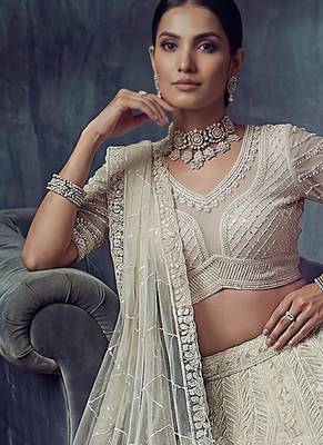 Ivory Designer Embroidery With Hand Work Net Semi Stitched Lehenga Set 3