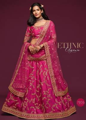 Pink Thread Embroidered & Sequins Silk Blend Semi Stitched Lehenga Set 1