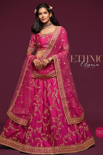 Pink Thread Embroidered & Sequins Silk Blend Semi Stitched Lehenga Set