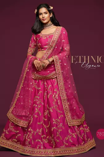 Pink Thread Embroidered & Sequins Silk Blend Semi Stitched Lehenga Set
