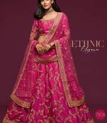 Pink Thread Embroidered & Sequins Silk Blend Semi Stitched Lehenga Set