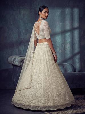 Ivory Designer Embroidery With Hand Work Net Semi Stitched Lehenga Set 5