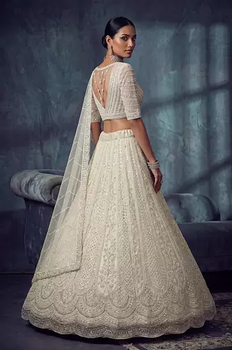 Ivory Designer Embroidery With Hand Work Net Semi Stitched Lehenga Set