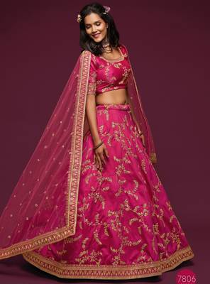 Pink Thread Embroidered & Sequins Silk Blend Semi Stitched Lehenga Set 2