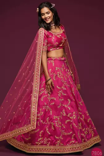 Pink Thread Embroidered & Sequins Silk Blend Semi Stitched Lehenga Set