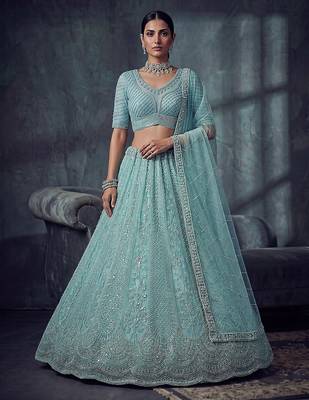 Blue Designer Embroidery With Hand Work Net Semi Stitched Lehenga Set 1