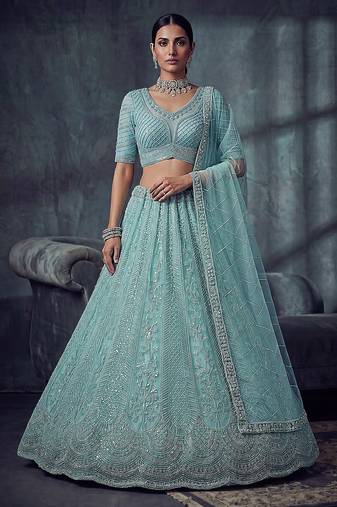 Blue Designer Embroidery With Hand Work Net Semi Stitched Lehenga Set