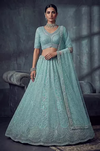 Blue Designer Embroidery With Hand Work Net Semi Stitched Lehenga Set