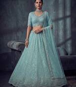 Blue Designer Embroidery With Hand Work Net Semi Stitched Lehenga Set
