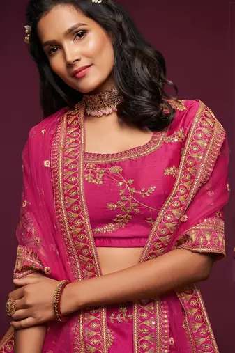 Pink Thread Embroidered & Sequins Silk Blend Semi Stitched Lehenga Set