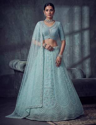 Blue Designer Embroidery With Hand Work Net Semi Stitched Lehenga Set 2