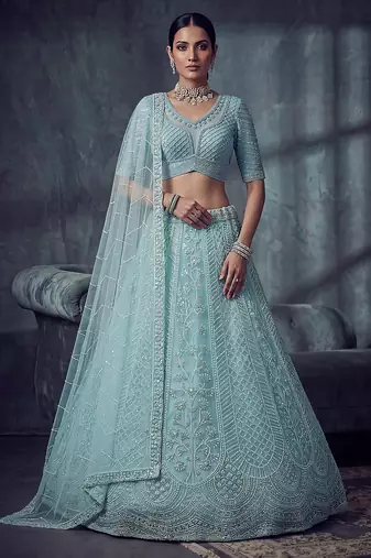 Blue Designer Embroidery With Hand Work Net Semi Stitched Lehenga Set