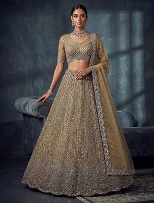 Gold Designer Embroidery With Hand Work Net Semi Stitched Lehenga Set 1