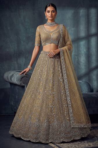 Gold Designer Embroidery With Hand Work Net Semi Stitched Lehenga Set