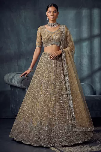 Gold Designer Embroidery With Hand Work Net Semi Stitched Lehenga Set