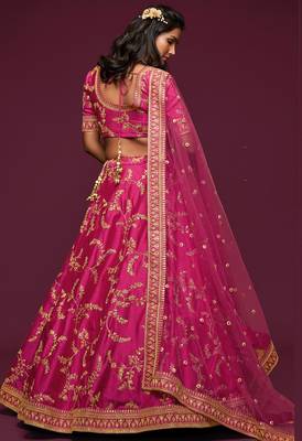 Pink Thread Embroidered & Sequins Silk Blend Semi Stitched Lehenga Set 4