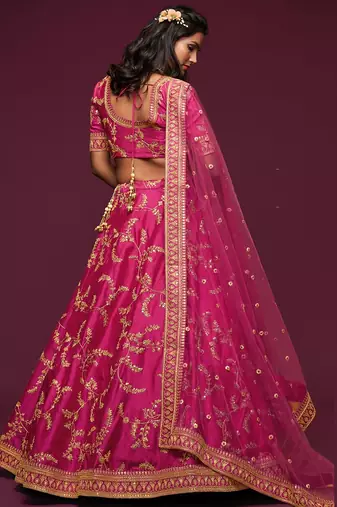 Pink Thread Embroidered & Sequins Silk Blend Semi Stitched Lehenga Set