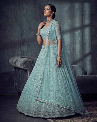 Blue Designer Embroidery With Hand Work Net Semi Stitched Lehenga Set 3